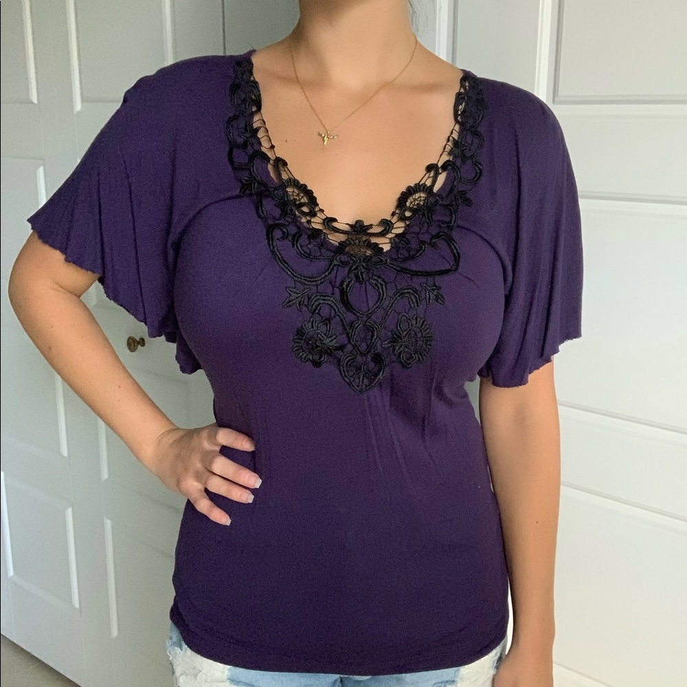 Dark purple top with black lace collar